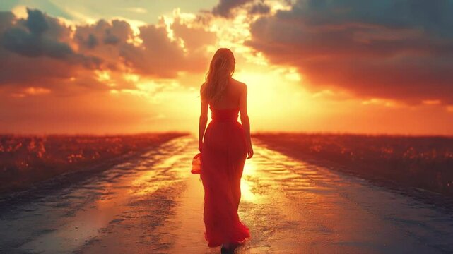 Elegant Woman in Flowing Red Dress Walking Alone on a Wet Country Road Toward a Vibrant Sunset Under Moody Skies