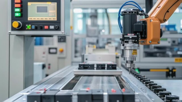 Precision robotic arm moving systematically along assembly line, manipulating circuit board components with advanced automation in modern high tech electronics manufacturing facility