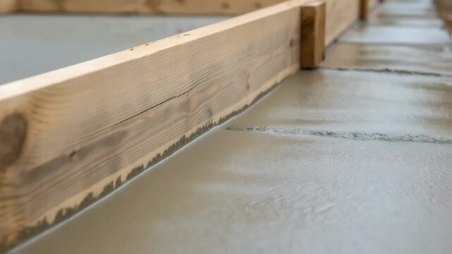 Fresh concrete is being poured between wooden formwork to create a solid foundation, showcasing the initial steps of a construction project