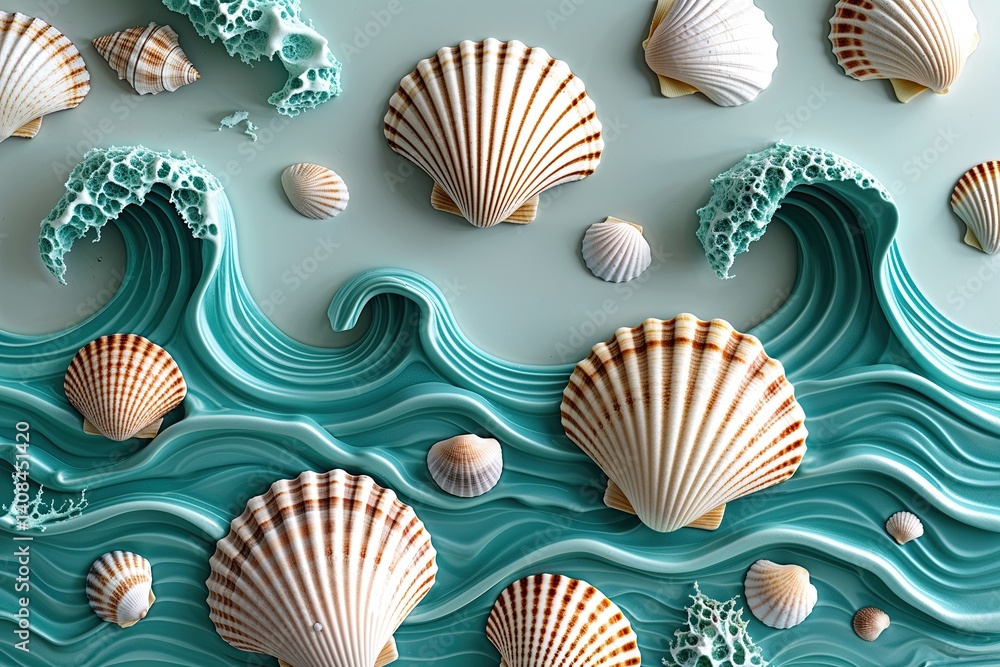 Aufkleber turquoise wave pattern with seashells on a soft beach background