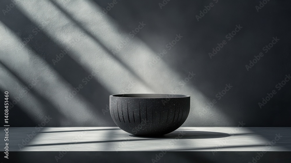 Poster Elegant black bowl on a minimalist surface illuminated by natural light with soft shadows, creating a serene and modern atmosphere in a contemporary setting