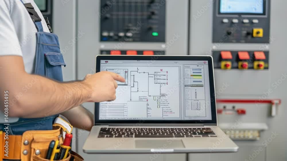 Poster Electrical engineer using a laptop and pointing at a digital scheme of an electrical control panel, explaining its components and functionalities