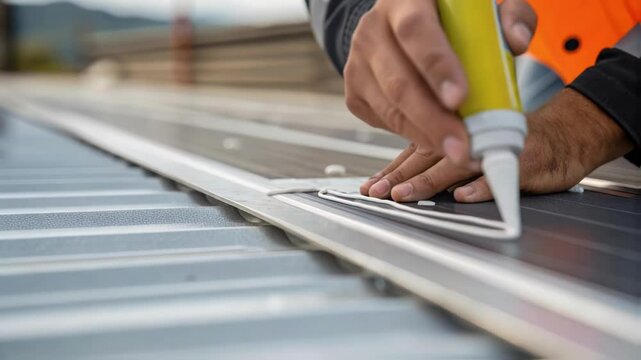Professional roofer carefully sealing metal roof joint, applying protective waterproofing material with precision and ensuring long lasting structural integrity and weather resistance