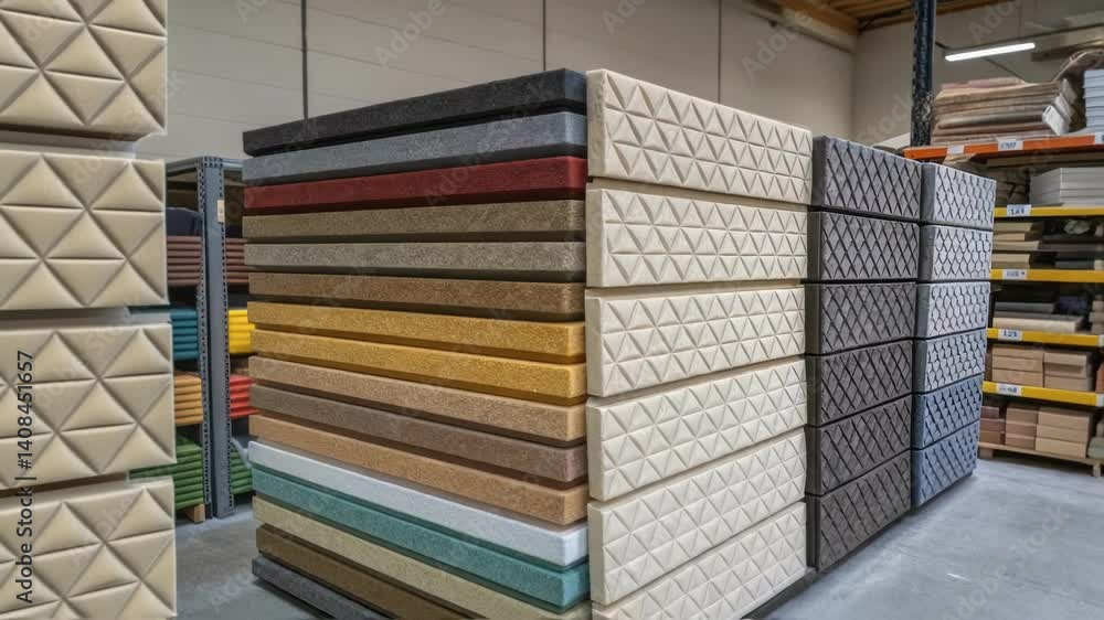 Poster Various colorful sound absorbing panels are neatly stacked and showcased in a warehouse, offering a range of choices for noise control and interior design solutions