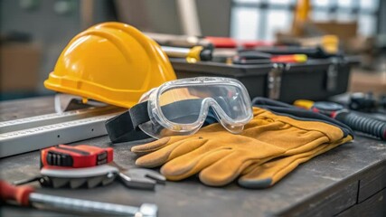 Essential personal protective equipment, including a hard hat, safety glasses, and work gloves, lies on a workbench, emphasizing workplace safety in construction or industrial settings