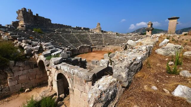 The center of culture and trade of Lycians, Persians, Greeks and Romans.Ruins of an ancient Lycian city on the banks of the Xanthos River.An open-air museum.Ancient Lycia. UNESCO.Turkey, 4k
