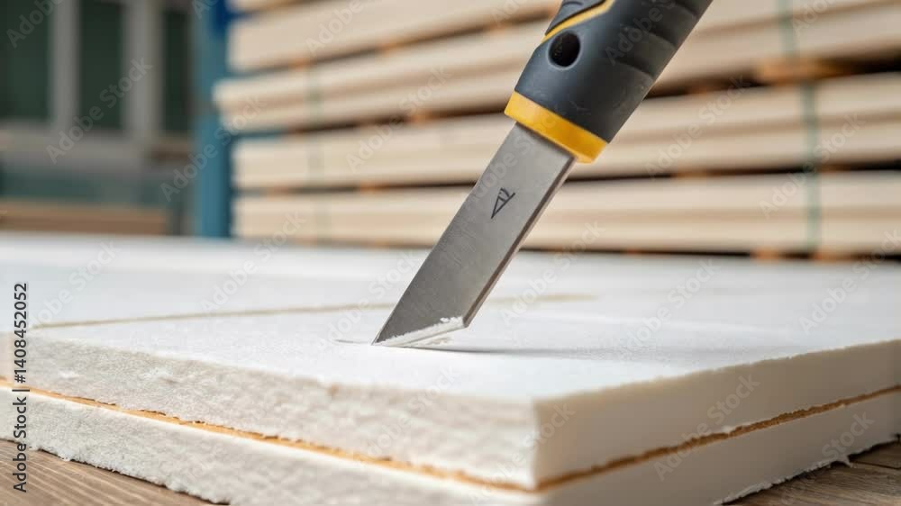 Poster Construction worker cutting a white expanded polystyrene panel with a retractable utility knife in a warehouse or lumberyard with stacks of wood planks in the background