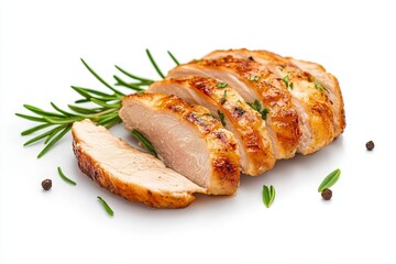Grilled chicken breast slices with rosemary and peppercorns on a white surface close up view