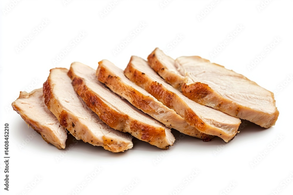 Poster close up of several turkey slices arranged on a white surface with visible browning on the edges