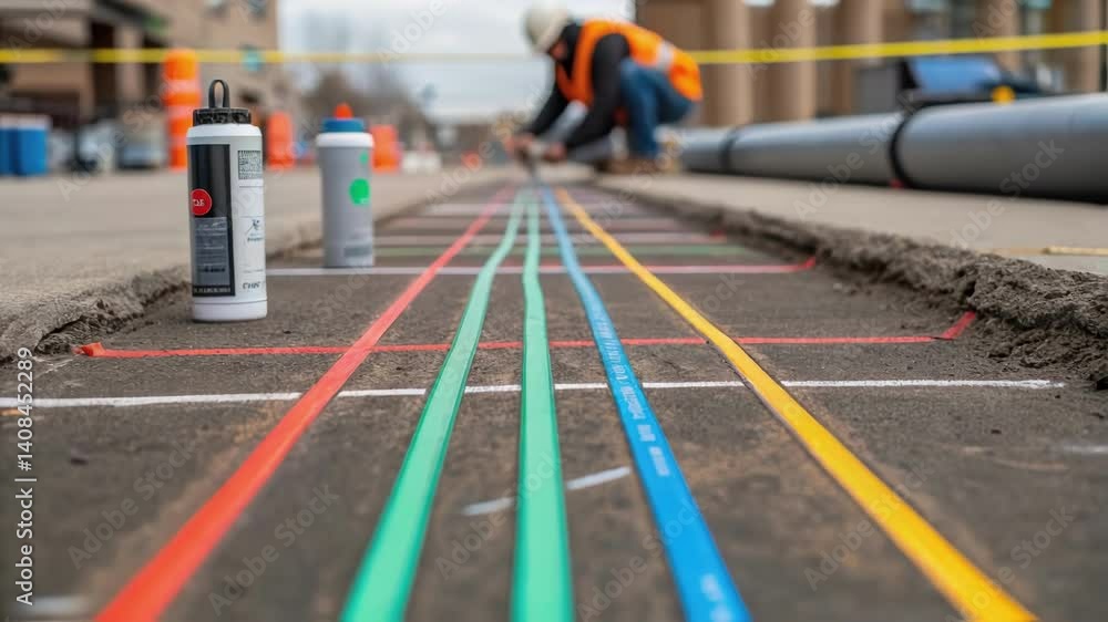 Poster underground cable installation proceeding with workers carefully marking colorful utility lines on c