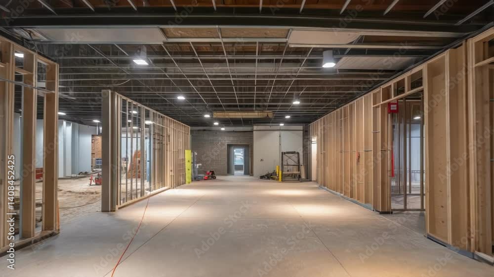 Poster construction workers constructing wooden walls, dividing large empty room into separate office space