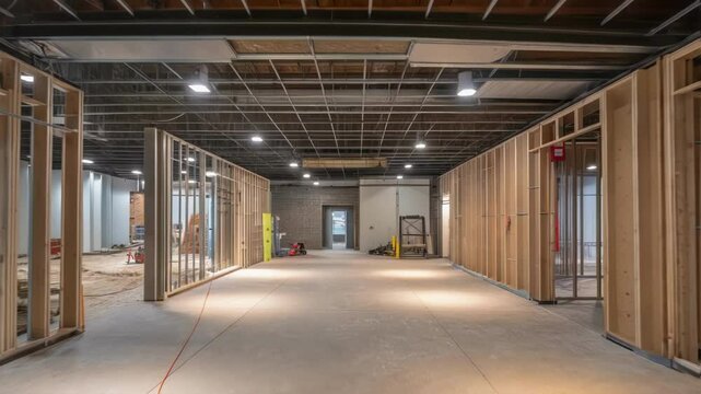 Construction workers constructing wooden walls, dividing large empty room into separate office spaces, demonstrating teamwork and professional carpentry skills during interior renovation project