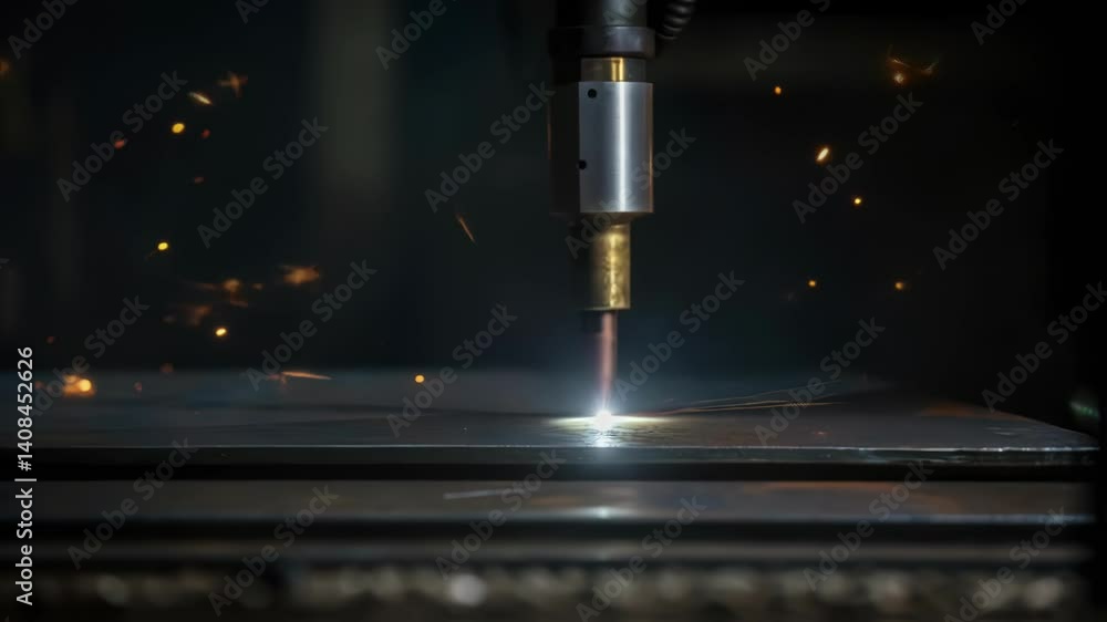 Poster a closeup image of a welding torch igniting with bright sparks flying and molten steel glowing in th