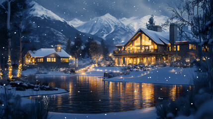 Fototapeta premium Winter estate at night; lights twinkle across snow. mountains loom in the background. Eventide Loom. Illustration