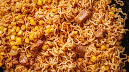 Top view of ramen noodles with pork and corn