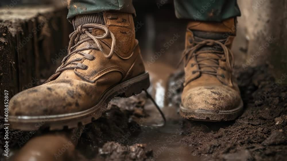 Leinwandbilder a closeup of muddy work boots standing next to a leaking pipe with soil disp around the area emphasi