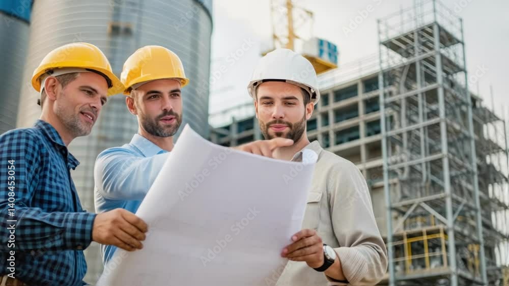 Aufkleber A medium closeup capturing a team of construction workers in hard hats discussing plans with towering silo structures in various stages of completion visible behind them.