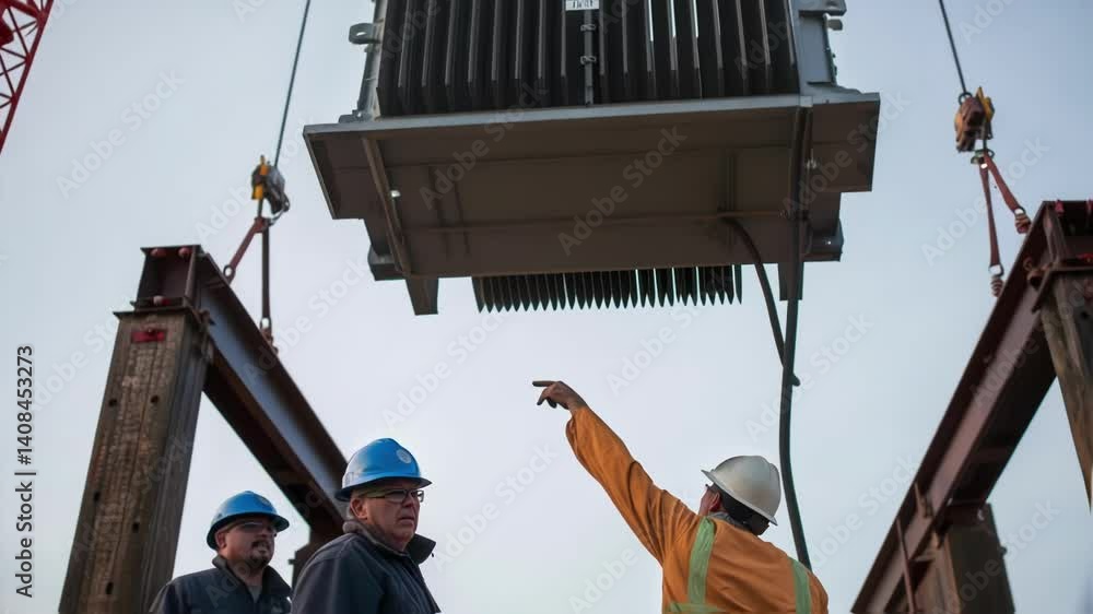Poster a medium closeup of a heavyduty transformer being positioned by a crane capturing the dramatic angle