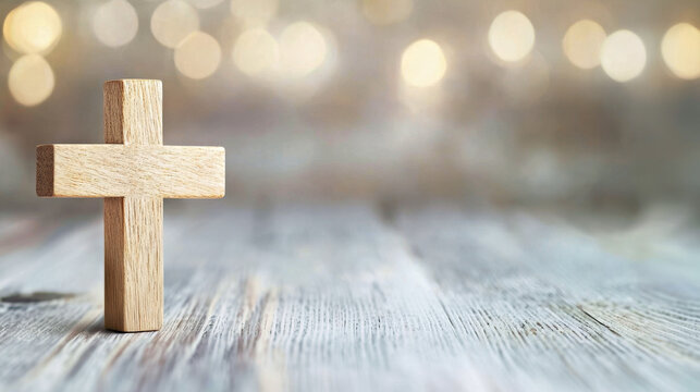 Christian cross on soft light background with bokeh, symbol of faith, hope, and spiritual peace. Perfect for baptism, first communion, confirmation, Easter, or memorial themes