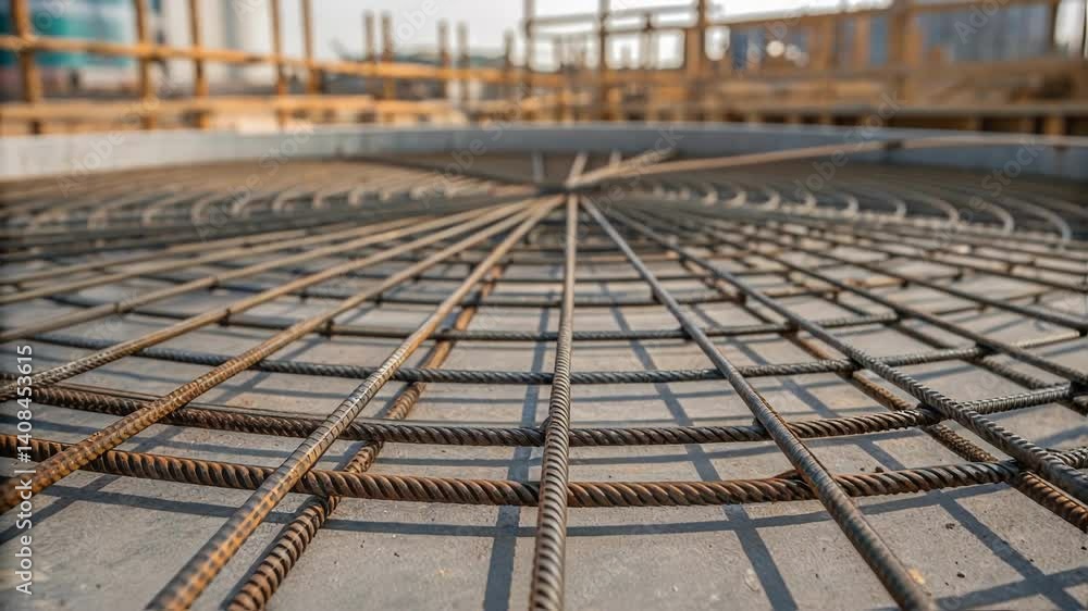 Poster a medium closeup of steel reinforcement bars being arranged in a circular mold showcasing the intric