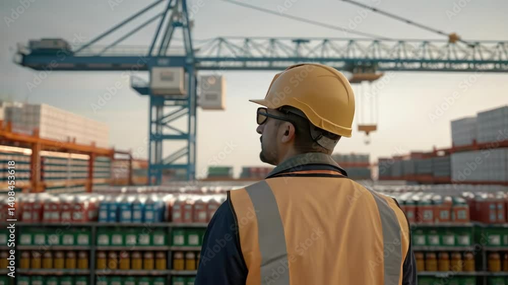 Aufkleber A medium closeup of a worker observing the operation from a distance the cranes massive structure towering behind them with an array of products neatly organized below.