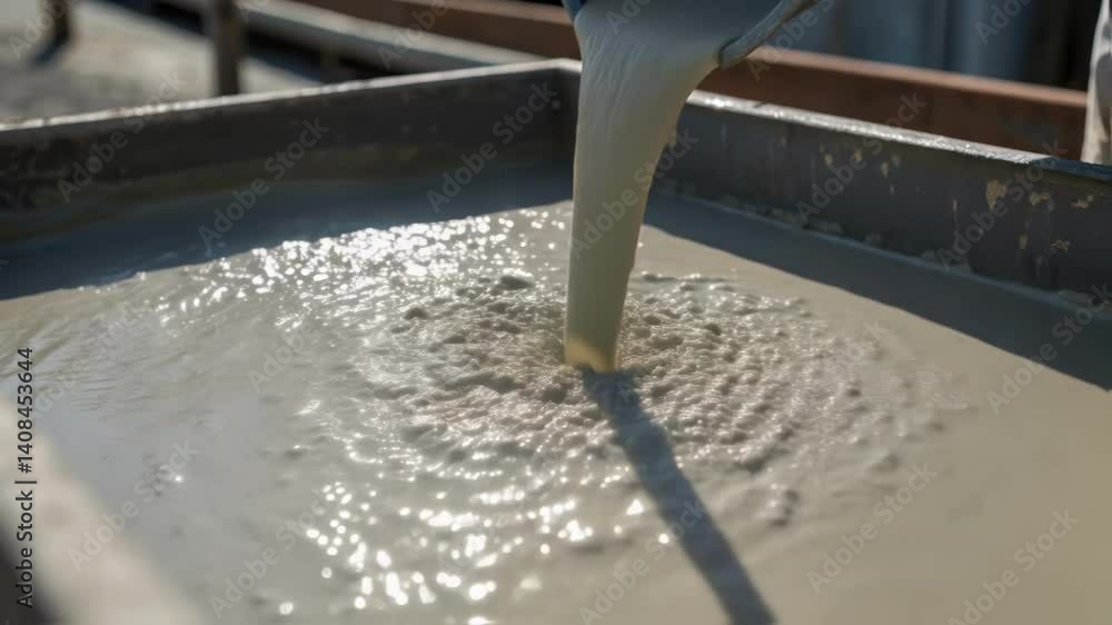 Poster A medium closeup of freshly mixed concrete being poured into a large mold with droplets glistening in the sunlight revealing the density and creamy consistency of the mixture as it