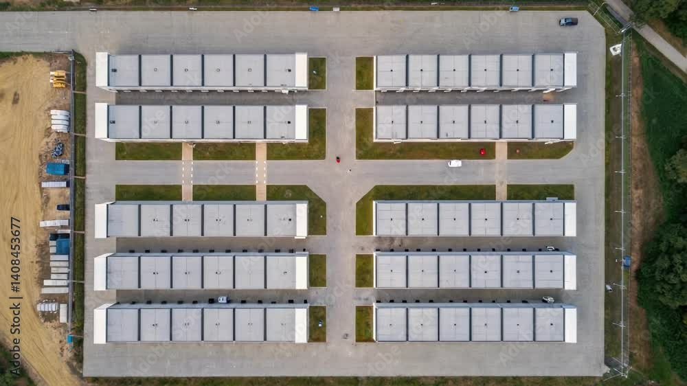 Aufkleber An aerial view captured from the ground showing the layout of multiple prefabricated modules illustrating the planned configuration of the building.