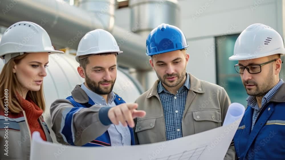 Aufkleber A medium closeup shot of engineers gathered around a blueprint discussing specifications with a large boiler structure in the background.