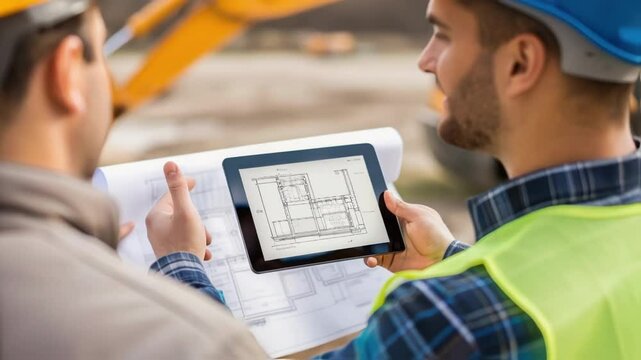 A medium closeup of two construction workers discussing plans one pointing at a digital tablet displaying architectural designs surrounded by the echo of machinery in progress.