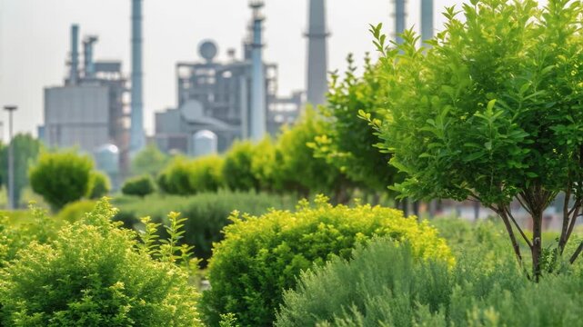 Closeup of a vibrant green buffer zone that contrasts with the industrial structures nearby featuring trees and shrubs that provide an ecological balance within the park.