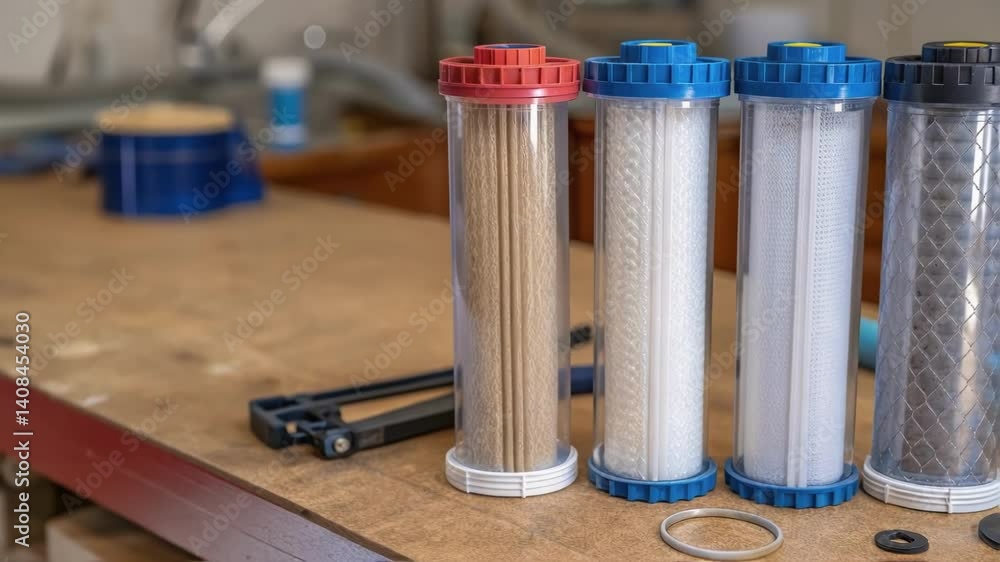Aufkleber closeup of water filtration cartridges highlighting the layers of specialized materials within trans