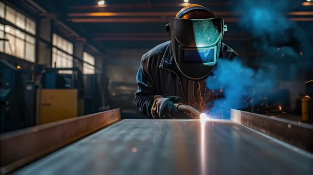 Skilled welder wearing protective gear meticulously welds metal components in a bustling factory environment, sparks and smoke rising as the torch fuses the materials together