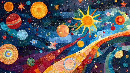 Obraz premium A vibrant and quilted artistic representation of the celestial expanse. Cosmic Quilt. Illustration