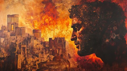 Alexander ordering the burning of Persepolis, flames rising behind him, conflict of conquest and regret in his expression