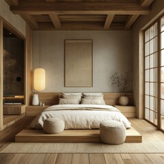 A serene, minimalist bedroom featuring wooden elements, soft textiles, and natural light, creating a warm and inviting atmosphere.