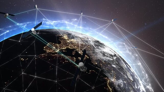 Space satellites, creating a global network, provide digital connectivity around the entire planet. Visualization satcom wireless communication, global free internet. World communication technology 4k