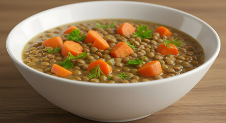 Hearty Lentil Broth With Carrots And Fresh Herbs Close Up