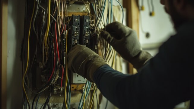 Electrician rewiring a home for an upgrade. Featuring skill and attention to detail