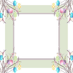 Obraz premium Frame of willow branches with Easter colored eggs with bows, watercolor illustration isolated on white. Branches and eggs hand drawn in pastel tones for Easter cards, packaging and festive decor