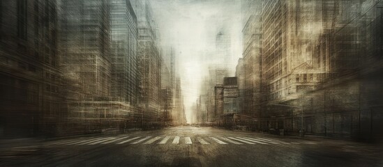 A surreal abandoned NYC, eerie stillness enveloping empty streets and silent skyscrapers, captured in a vintage photo style with muted tones and soft light