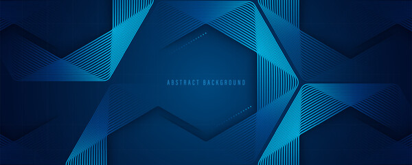 Modern abstract dark blue background. Geometric shapes line design elements. Futuristic graphic. Technology concept. Suit for banner, science, website, corporate, cover, business