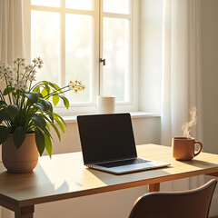 Fototapeta premium Cozy workspace featuring laptop and plants in sunlit room during morning hours