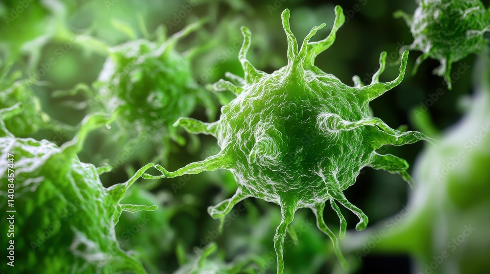 Poster microscopic view of green bacteria cell structures in abstract scientific background