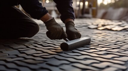 Paver laying interlocking bricks for a pedestrian walkway. Featuring craftsmanship and urban design