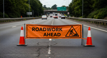 Roadwork Ahead Sign on the Highway Conveying Road Maintenance Safety