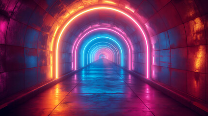 Vibrant Neon Tunnel Pink-Blue Futuristic Pathway, 3D Sci-Fi Illustration.