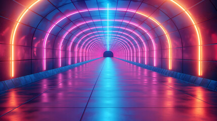 Purple-Pink Neon Tunnel Futuristic 3D Background, Glowing Wallpaper Design.
