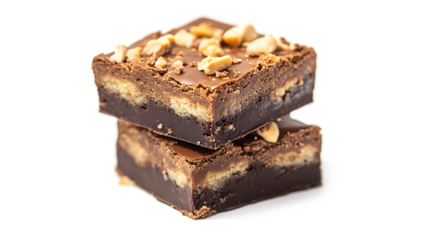 A chocolate dessert with nuts on top. The dessert is stacked on top of another dessert. The desserts look delicious and tempting