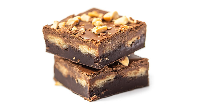 A chocolate dessert with nuts on top. The dessert is stacked on top of another dessert. The desserts look delicious and tempting
