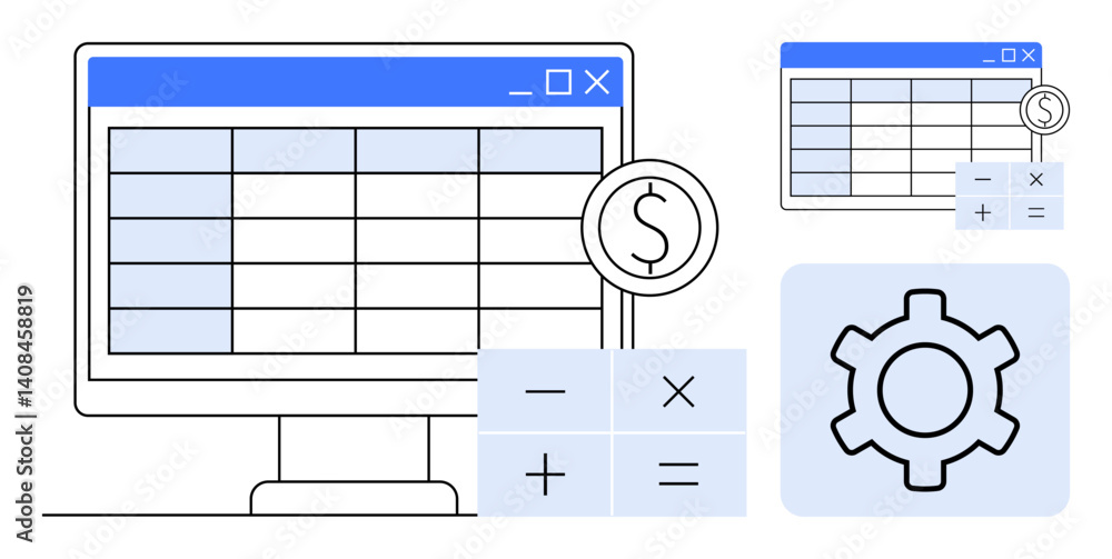 Poster computer monitor displaying spreadsheet, calculator with math operators, currency symbol, and gear f